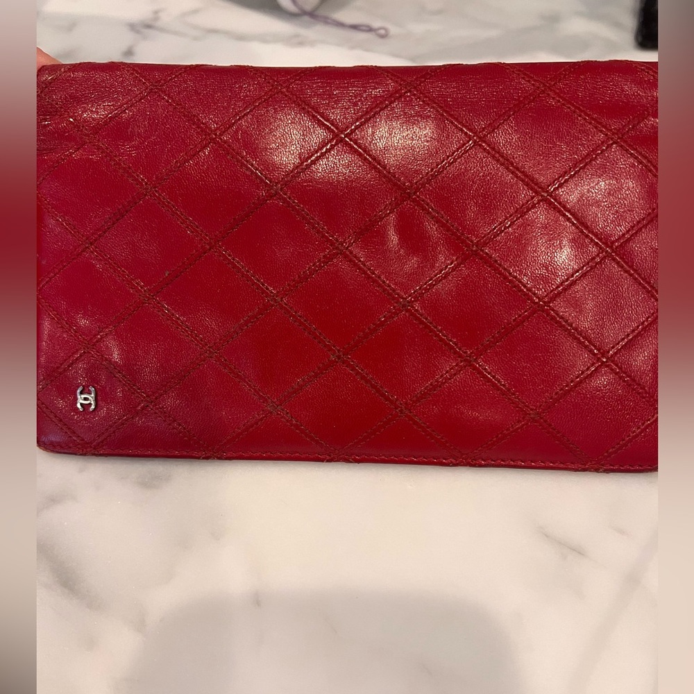 Chanel leather red diamond stitch bill fold wallet, 4.5x7 inches